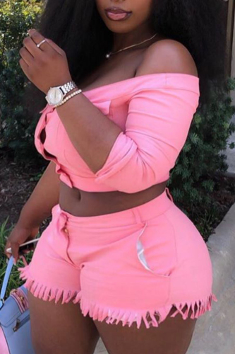Pink Fashion Casual Solid Basic Off the Shoulder Plus Size Two Pieces
