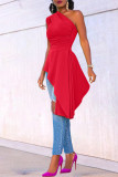 Red Fashion Casual Solid Asymmetrical Oblique Collar Tops