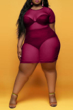 Rose Red Sexy Plus Size Solid See-through O Neck Short Sleeve Dress