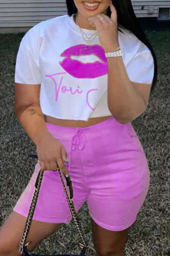 Purple Fashion Casual Letter Lips Printed Basic O Neck Short Sleeve Two Pieces