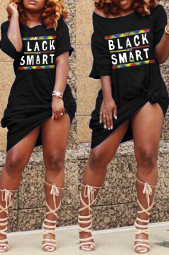 Black Euramerican Letters Printed Knee Length Dress