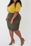 Army Green Casual Solid Patchwork O Neck Pencil Skirt Plus Size Two Pieces