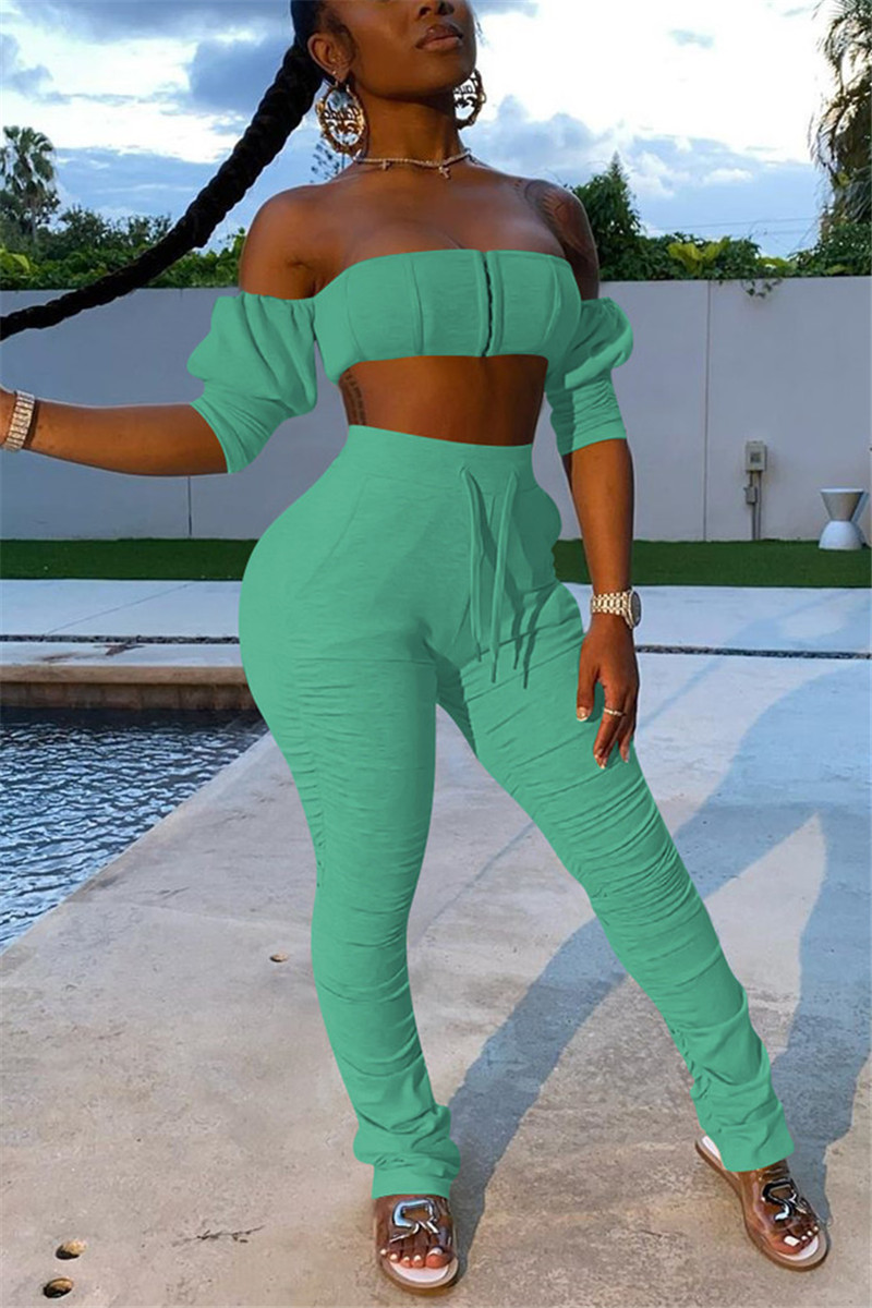 Sexy Fashion Strapless Tops Trousers Light Green Set