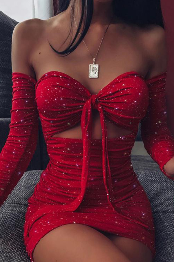 Red Sexy Glitter Off Shoulder Ruched Bodycon Dress
