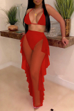 Rose Red Fashion Sexy Patchwork Solid See-through Backless Strap Design Swimwears