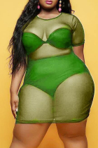 Fluorescent Green Sexy Plus Size Solid See-through O Neck Short Sleeve Dress