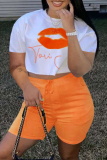 Orange Fashion Casual Letter Lips Printed Basic O Neck Short Sleeve Two Pieces