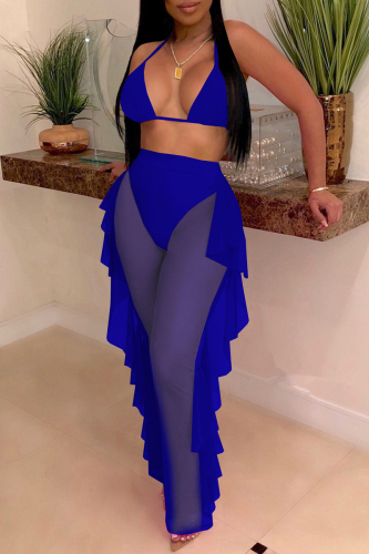 Royal Blue Fashion Sexy Patchwork Solid See-through Backless Strap Design Swimwears