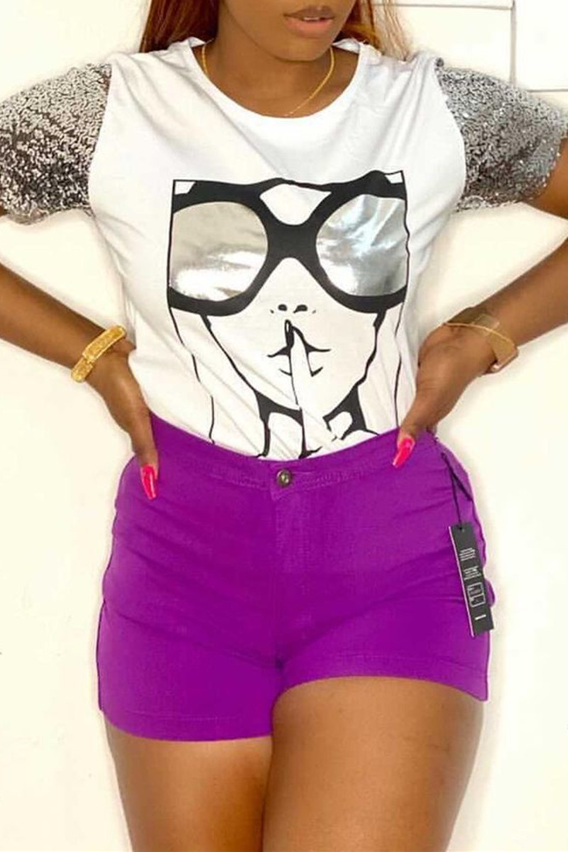 

White Fashion Casual Print Split Joint O Neck T-Shirts