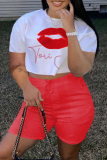 Red Fashion Casual Letter Lips Printed Basic O Neck Short Sleeve Two Pieces