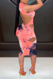Pink Sexy Patchwork Hollowed Out Tie-dye Half A Turtleneck Pencil Skirt Dresses