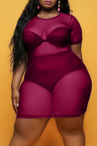 Rose Red Sexy Plus Size Solid See-through O Neck Short Sleeve Dress