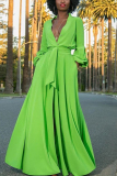 Green Sexy Temperament Trumpet Sleeves Wrinkled Dress