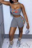 Grey Sexy Casual Letter Print Basic Spaghetti Strap Sleeveless Two Pieces