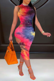 Red Sexy Patchwork Hollowed Out Tie-dye Half A Turtleneck Pencil Skirt Dresses