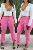 Pink Fashion Casual Solid Strap Design Regular High Waist Trousers