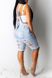 Blue Casual Solid Ripped Square Collar Skinny Rompers