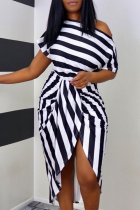 Black Sexy Striped Split Joint One Shoulder Irregular Dress Dresses