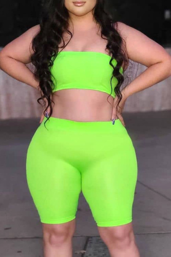 Green Sexy Solid Patchwork Strapless Plus Size Two Pieces