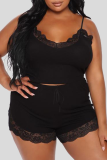 Black Sexy Solid Patchwork Spaghetti Strap Plus Size Two Pieces