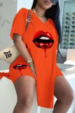 Watermelon Red Fashion Casual Lips Printed Slit V Neck Short Sleeve Two Pieces