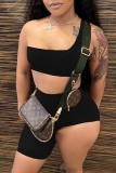 Black Sexy Casual Asymmetrical One Shoulder Sleeveless Two Pieces