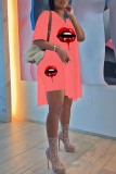 Black Fashion Casual Lips Printed Slit V Neck Short Sleeve Two Pieces