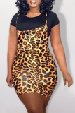 Leopard Print Sexy Leopard Split Joint O Neck Pencil Skirt Plus Size Dresses