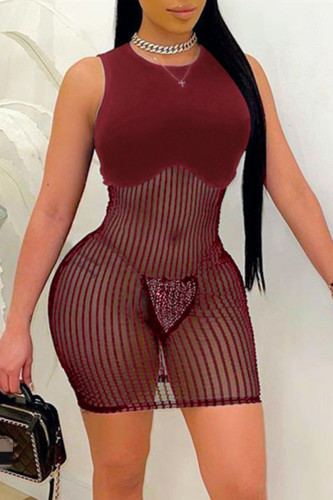 Burgundy Fashion Sexy Patchwork See-through O Neck Sleeveless Dress
