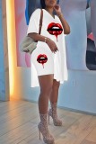 Tangerine Red Fashion Casual Lips Printed Slit V Neck Short Sleeve Two Pieces