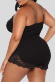 Black Sexy Solid Patchwork Spaghetti Strap Plus Size Two Pieces