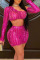 Rose Red Sexy Solid Ripped Hollowed Out One Shoulder Long Sleeve Two Pieces