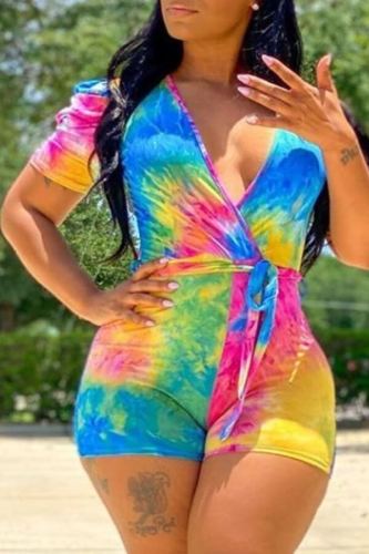 multicolor Rainbow Color Casual Print Tie-dyed Short Sleeve Belted V Neck Rompers