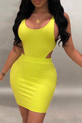 Yellow Sexy Solid Hollowed Out U Neck Pencil Skirt Dresses
