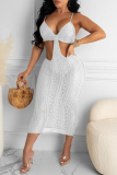 White Sexy Solid Hollowed Out Spaghetti Strap Pencil Skirt Dresses