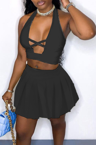Black Sexy Solid Patchwork Halter Sleeveless Two Pieces