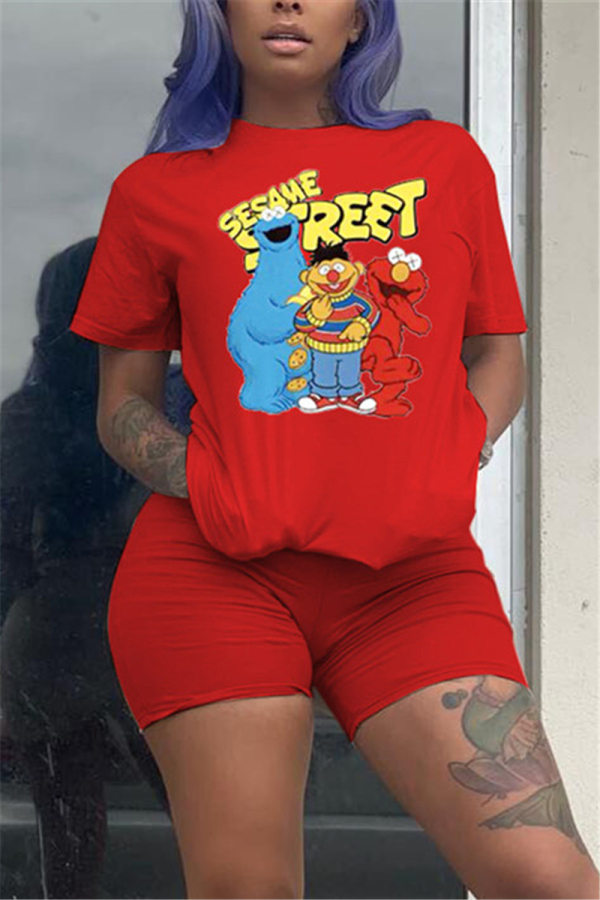 Red Fashion Cartoon Printed T-shirt Shorts Set
