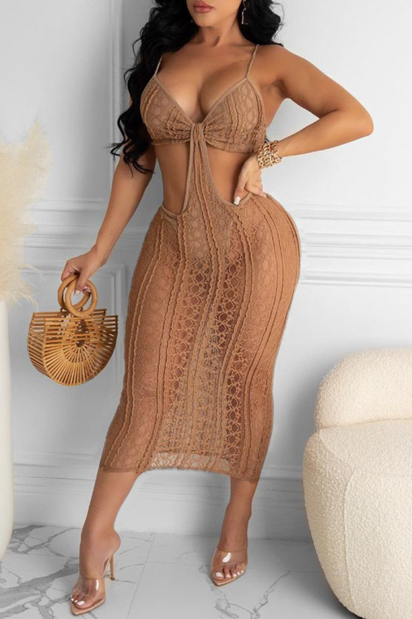 Hollow Out Backless Spaghetti Strap Knit Skirt Set