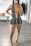 Grey Sexy Patchwork Draw String Halter Skinny Jumpsuits