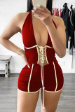 Red Sexy Patchwork Draw String Halter Skinny Jumpsuits