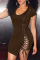 Brown Sexy Solid Hollowed Out U Neck Pencil Skirt Dresses