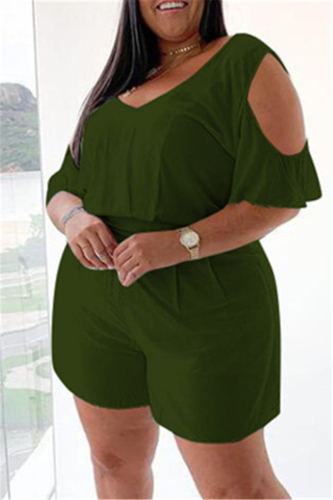 Army Green Fashion Casual Solid Basic V Neck Plus Size Romper