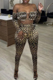 Multicolor Fashion Sexy Leopard Print Hollowed Out Backless Off the Shoulder Long Sleeve Two Pieces