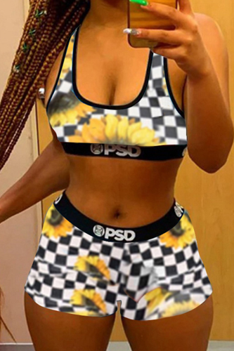 Yellow Casual Print Patchwork Swimwears