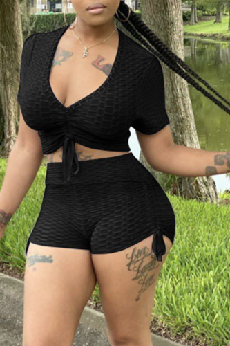 Black Casual Solid Patchwork V Neck Short Sleeve Two Pieces