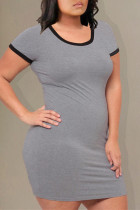 Grey Fashion Casual Plus Size Solid Basic O Neck Short Sleeve Dress