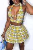 Blue Fashion Sexy Plaid Print Hollowed Out Backless Halter Sleeveless Two Pieces