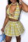 Yellow Fashion Sexy Plaid Print Hollowed Out Backless Halter Sleeveless Two Pieces