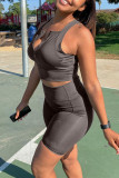 Grey Sexy Casual Solid Vests Zipper Collar Sleeveless Two Pieces
