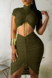 Fluorescent Green Sexy Casual Solid Fold Turtleneck Short Sleeve Two Pieces